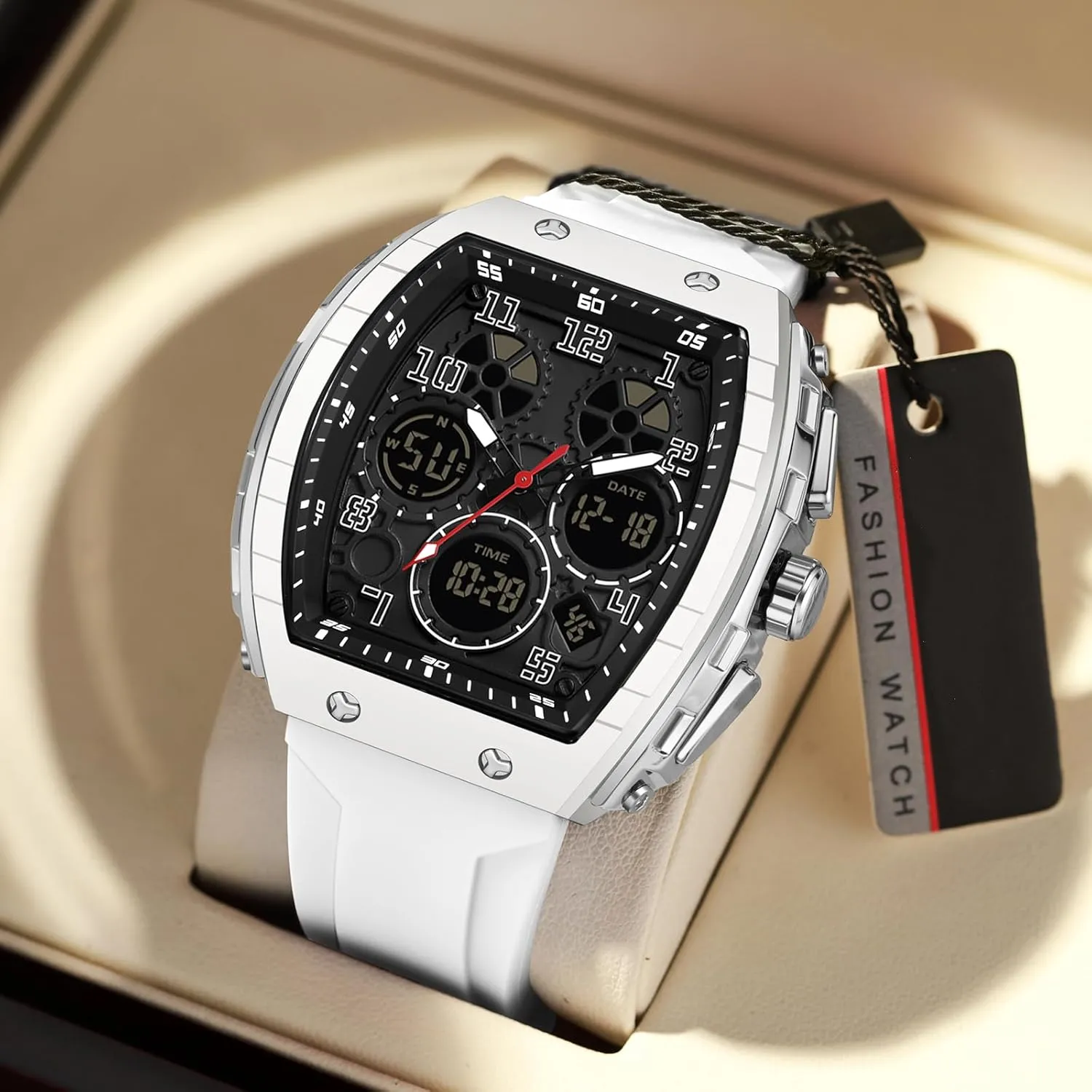 findtime Watches for Men Unique Rectangle Relojes para Hombres White Wristwatch with Digital Analog Dual Time Display Countdown Stopwatch Punk Cool Design 5ATM Waterproof