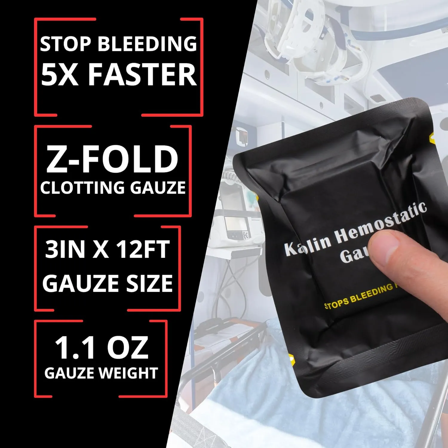 First Aid Advanced Quick Clotting Combat - Flexible Hemostatic - Stop The Bleed kit Faster Wound Packing with Quick Clotting Medical - Survival Kit Supplies - 3" x 12.5' (CT-Gauze) (CT-Gauze-5)