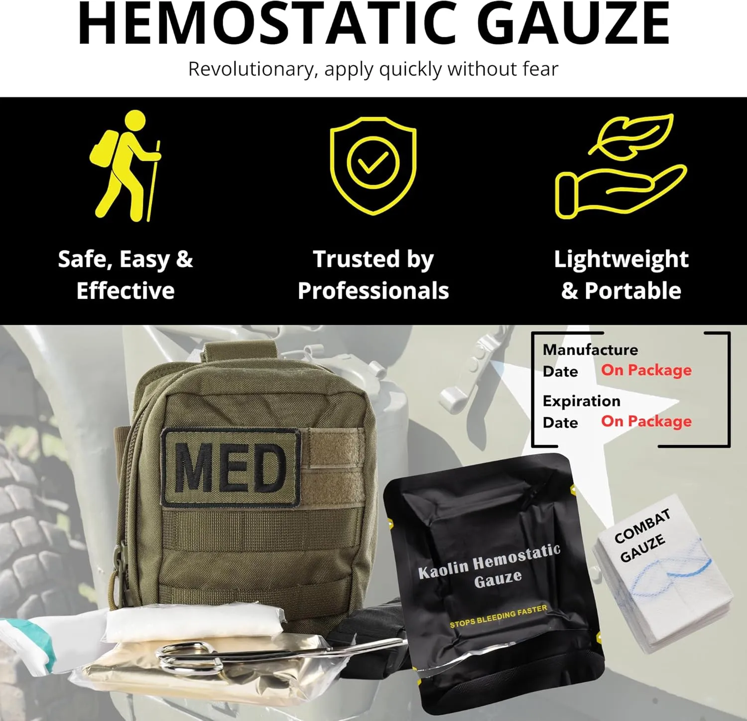 First Aid Advanced Quick Clotting Combat - Flexible Hemostatic - Stop The Bleed kit Faster Wound Packing with Quick Clotting Medical - Survival Kit Supplies - 3" x 12.5' (CT-Gauze) (CT-Gauze-5)