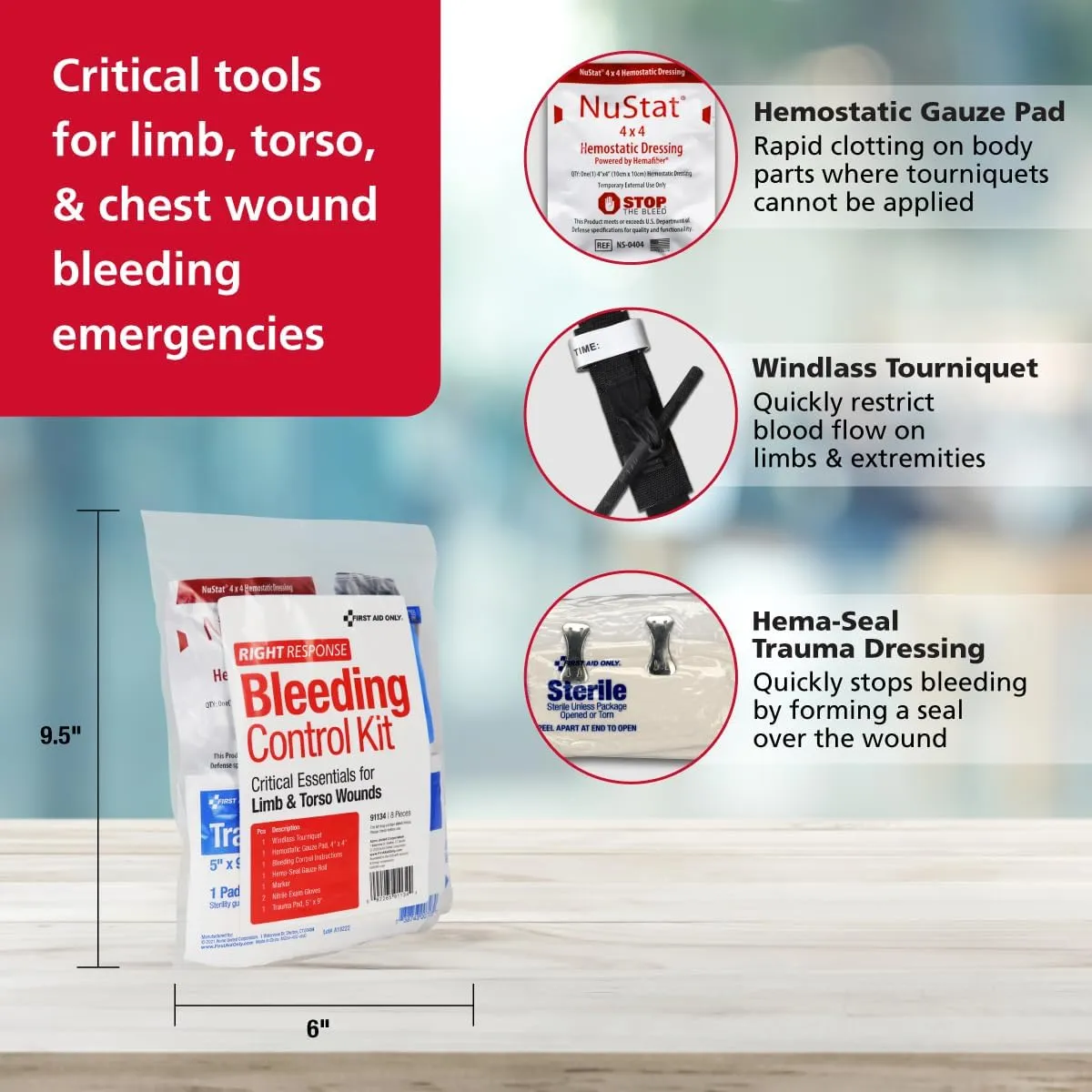 First Aid Only 91134 Critical Essentials Bleeding Control Kit for Limb & Torso Wounds, 8 Pieces