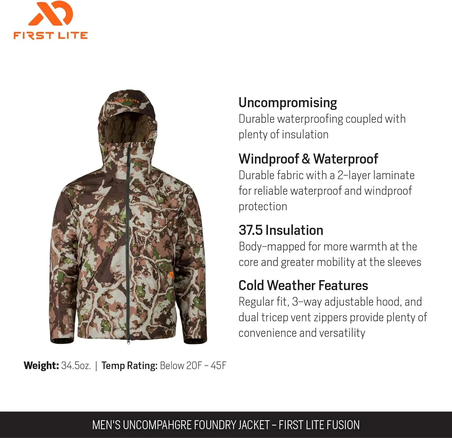 First Lite Men's Uncompahgre Foundry Jacket - Waterproof Insulated Camo Hunting Coat