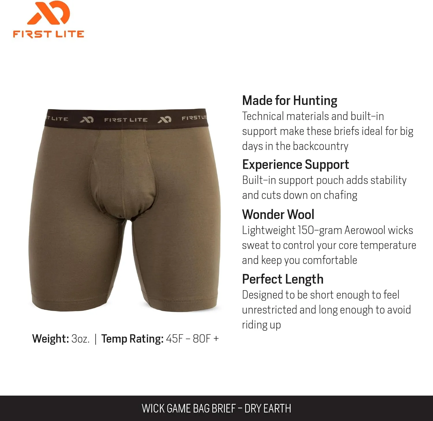 First Lite Men's Wick Game Bag Brief - Ultralight Breathable Merino Wool Underwear