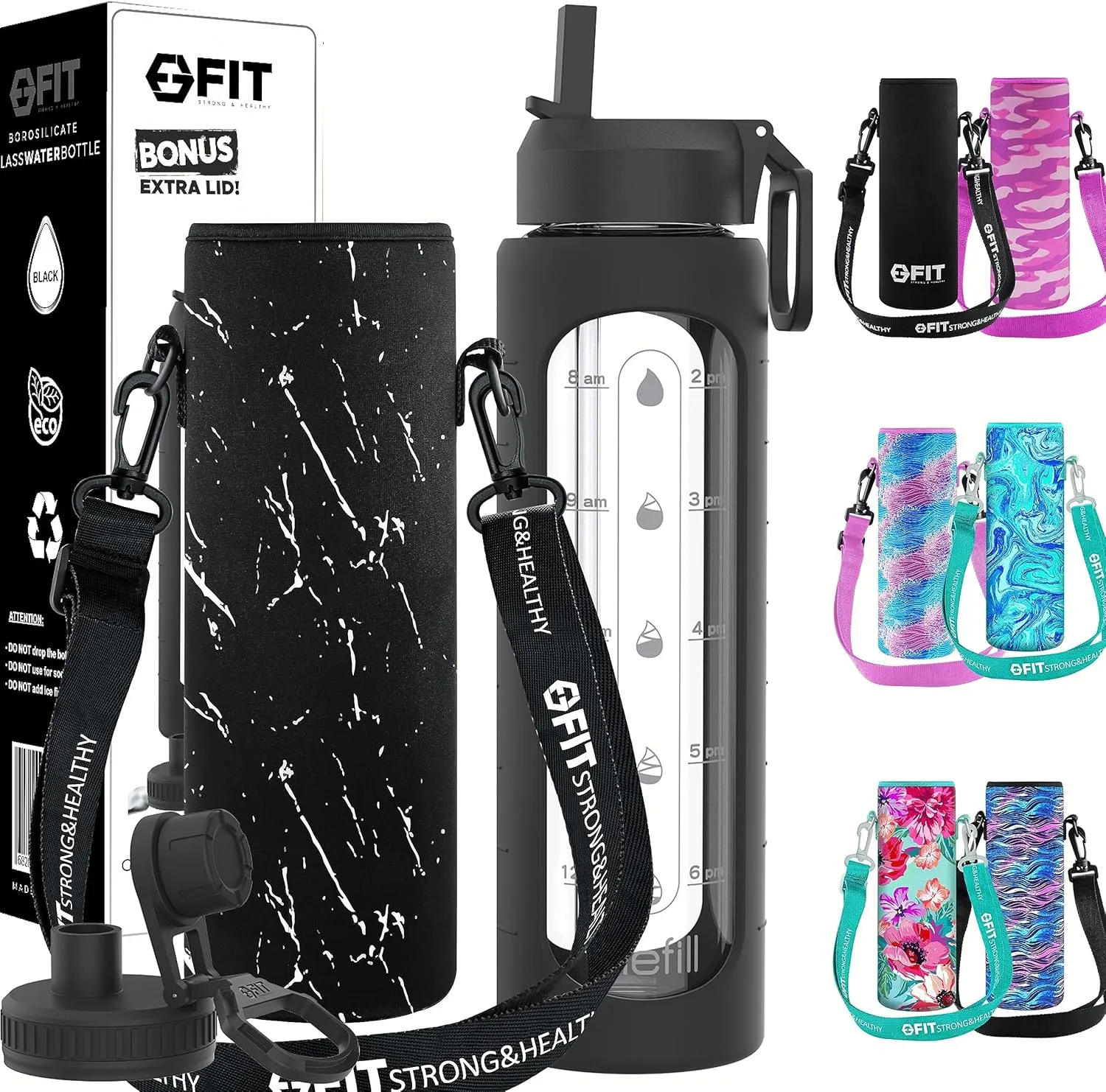 FIT Strong & Healthy 32 oz Glass Water Bottle with Straw Lid, Time Marker, Sleeve & Extra Lid - Motivational, Wide Mouth 1 Liter Glass Drinking Bottle
