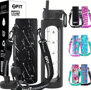 FIT Strong & Healthy 32 oz Glass Water Bottle with Straw Lid, Time Marker, Sleeve & Extra Lid - Motivational, Wide Mouth 1 Liter Glass Drinking Bottle