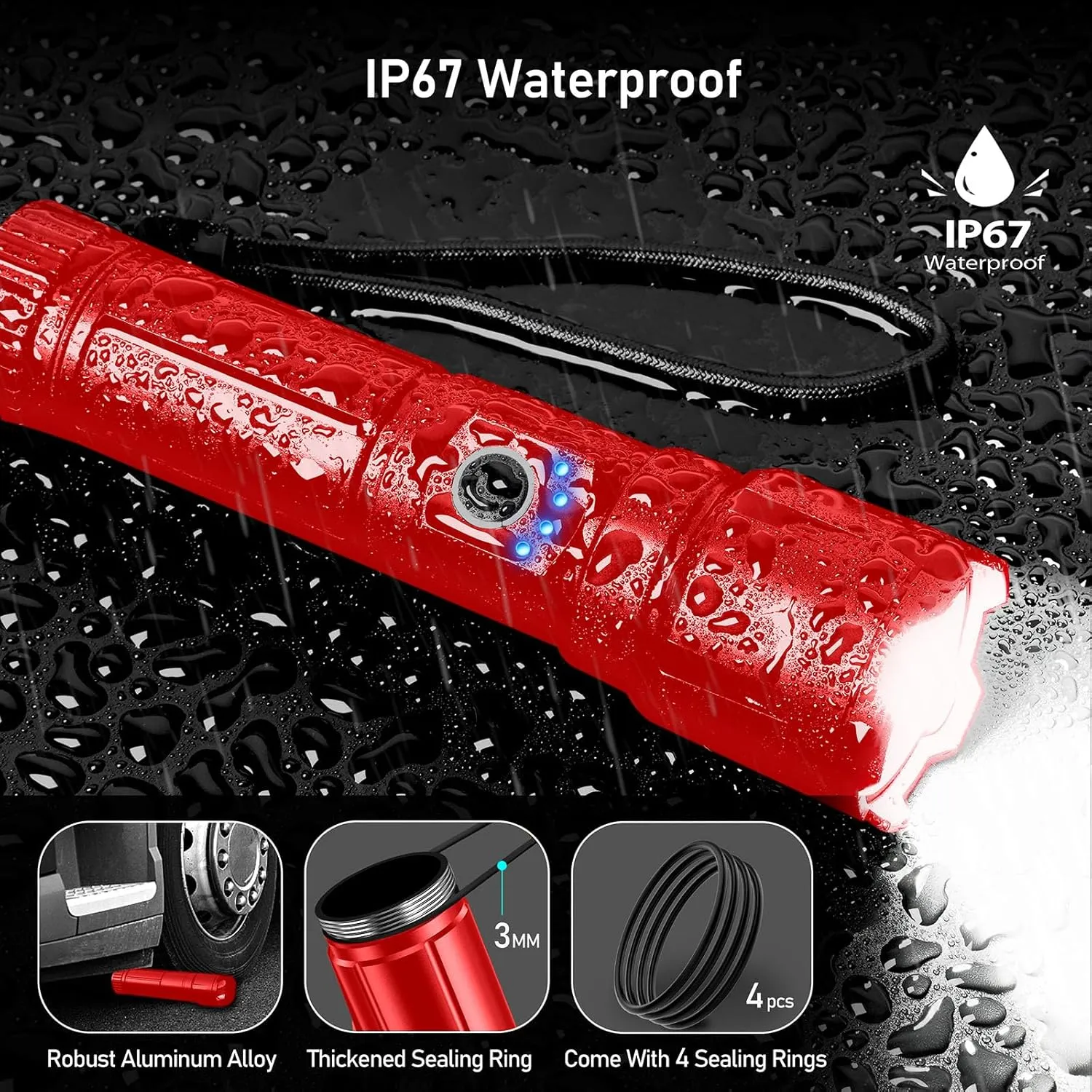 Flashlight Rechargeable, Super Bright Flashlights - Zoomable, 5 Light Modes, IP67 Waterproof, Powerful Long Lasting Handheld Flash Light for Emergencies-Red