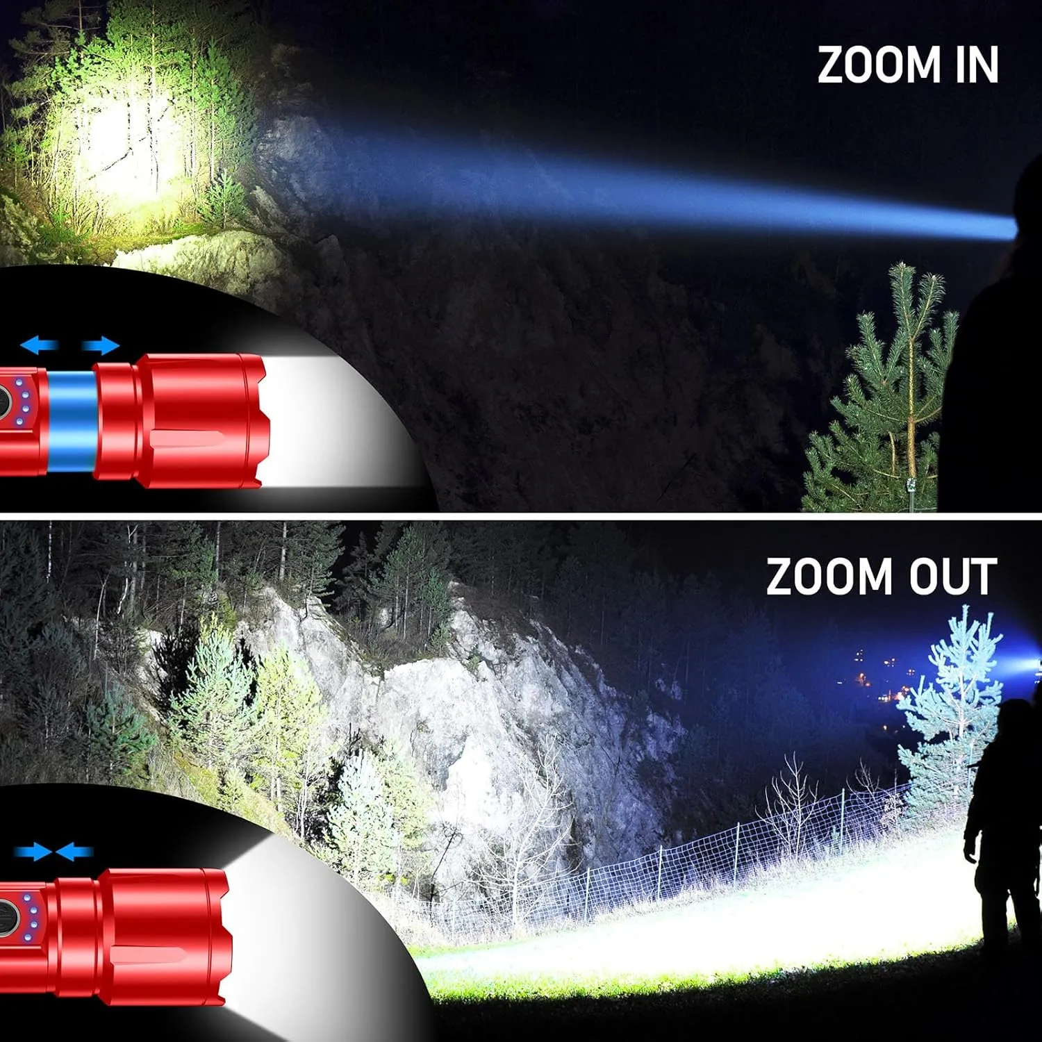 Flashlight Rechargeable, Super Bright Flashlights - Zoomable, 5 Light Modes, IP67 Waterproof, Powerful Long Lasting Handheld Flash Light for Emergencies-Red