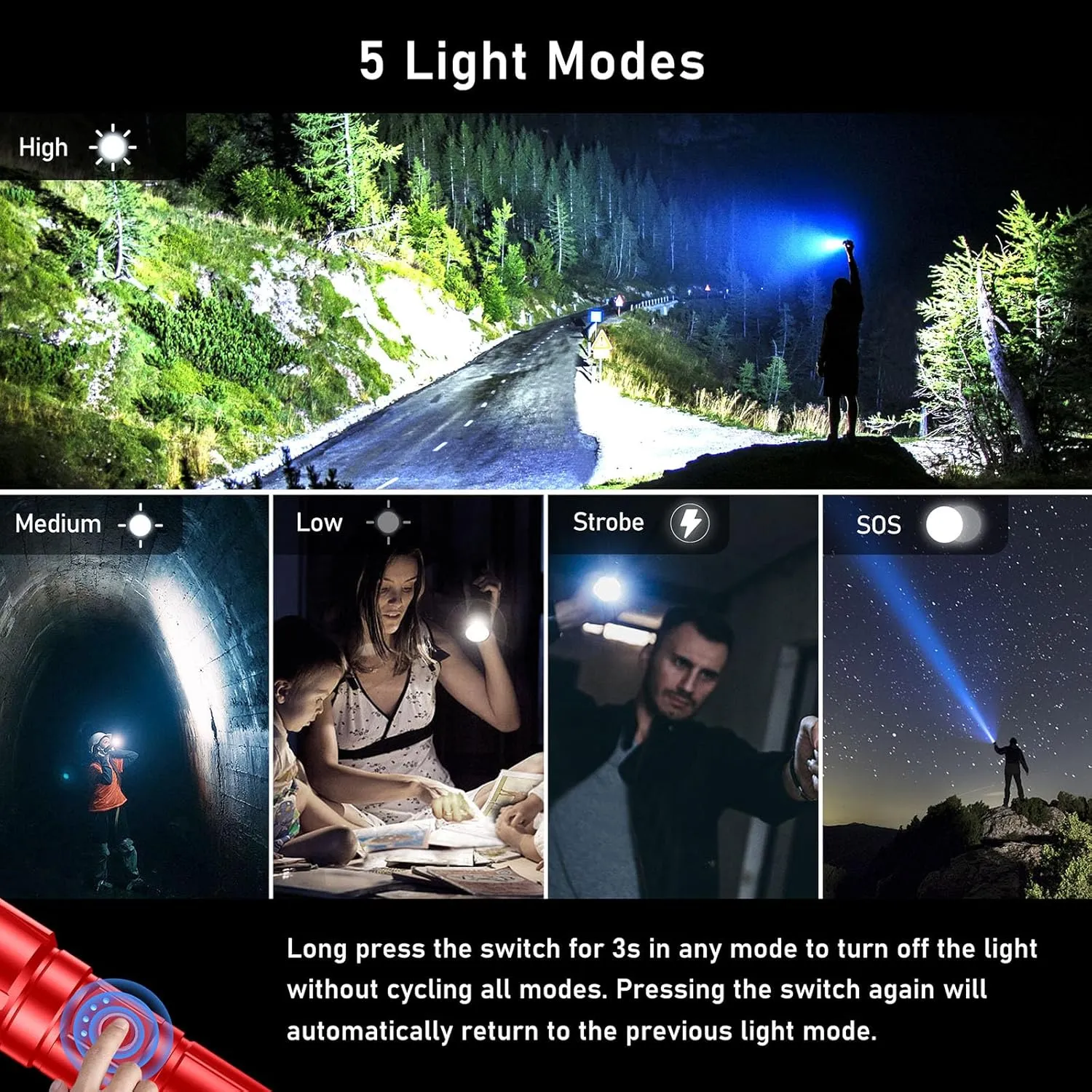 Flashlight Rechargeable, Super Bright Flashlights - Zoomable, 5 Light Modes, IP67 Waterproof, Powerful Long Lasting Handheld Flash Light for Emergencies-Red