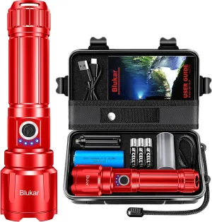 Flashlight Rechargeable, Super Bright Flashlights - Zoomable, 5 Light Modes, IP67 Waterproof, Powerful Long Lasting Handheld Flash Light for Emergencies-Red