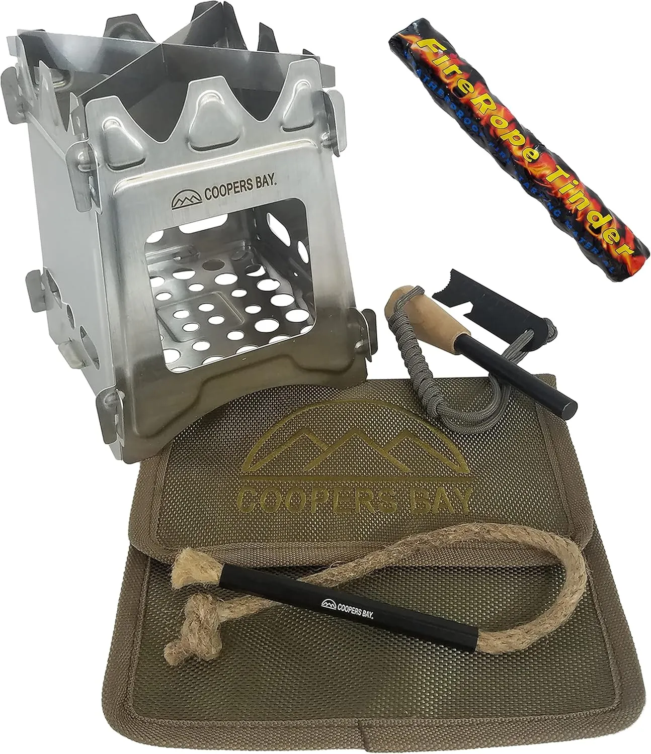 Flatpack Stove/Firestarter Package - Includes Twig Stove, Ferro Rod and FireWick Tinder - Complete Lightweight Backpacking Stove Kit (Titanium)