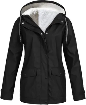 Fleece Lined Raincoat For Women Waterproof with Hood Plus Size Solid Color Winter Warm Rain Jacket Hiking Snow Coat