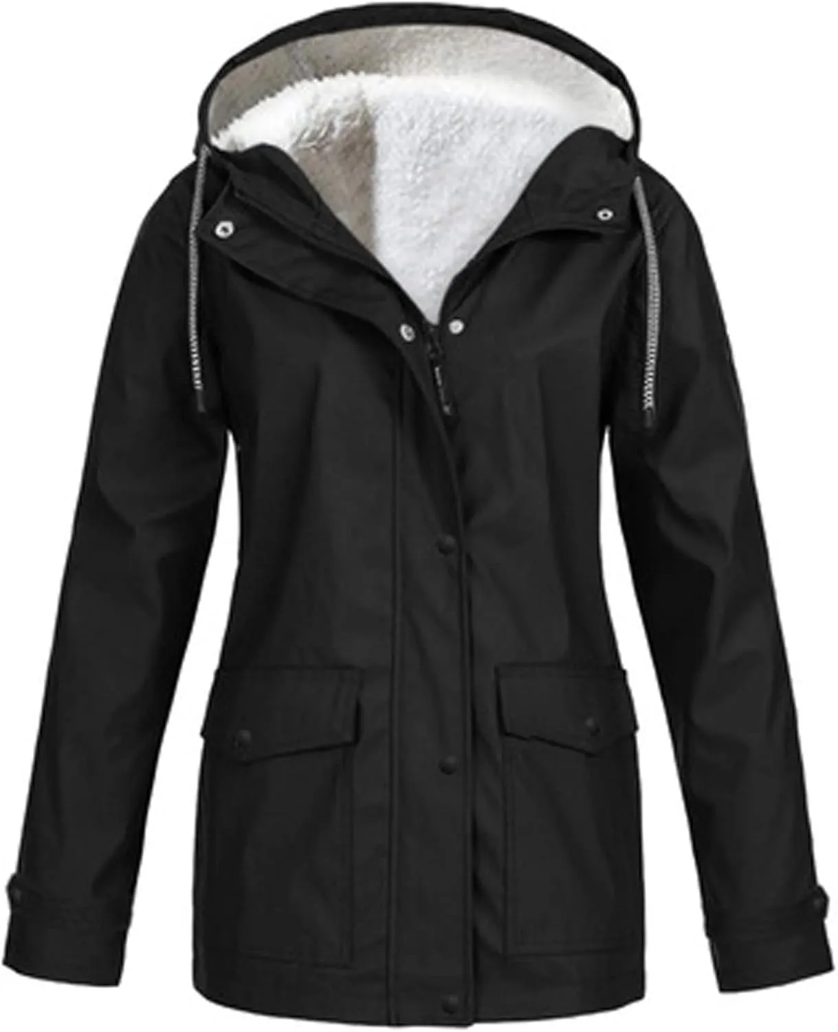 Fleece Lined Raincoat For Women Waterproof with Hood Plus Size Solid Color Winter Warm Rain Jacket Hiking Snow Coat
