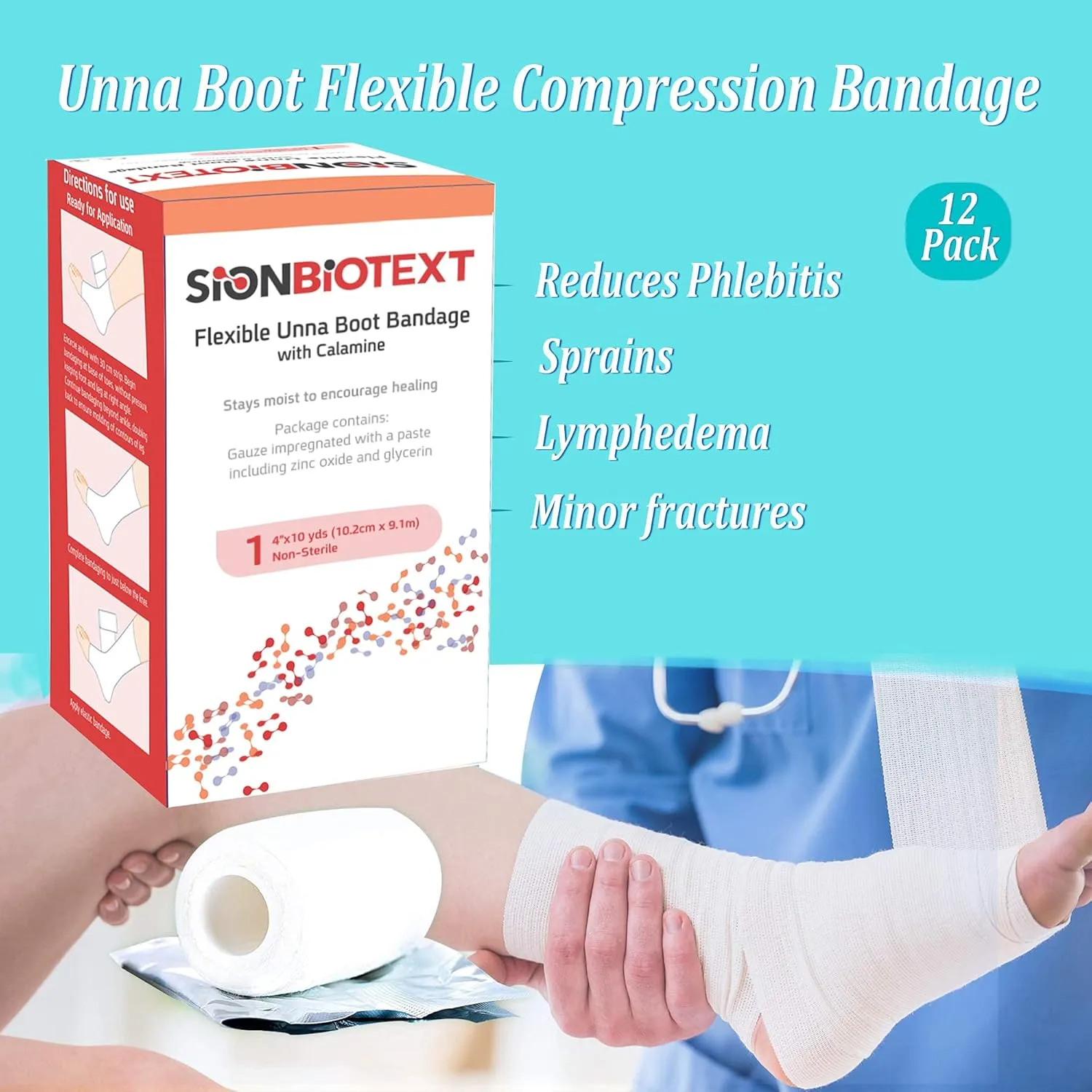 Flexible Unna Boot Fabric Bandages with Zinc and Calamine, First Aid Kit Emergency Supplies, Ankle Brace Compression Bandage Wrap, Wound Care Supplies, 4 Inches X 30 Feet