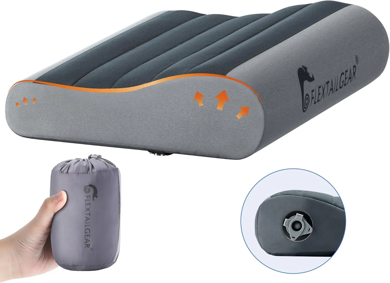 FLEXTAILGEAR Inflatable Camping Pillow, Ergonomic Travel Pillow Backpacking Gear with Washable Removable Cover Separate TPU Bladder for Camp, Hiking, Airplane, Road Trip, Office