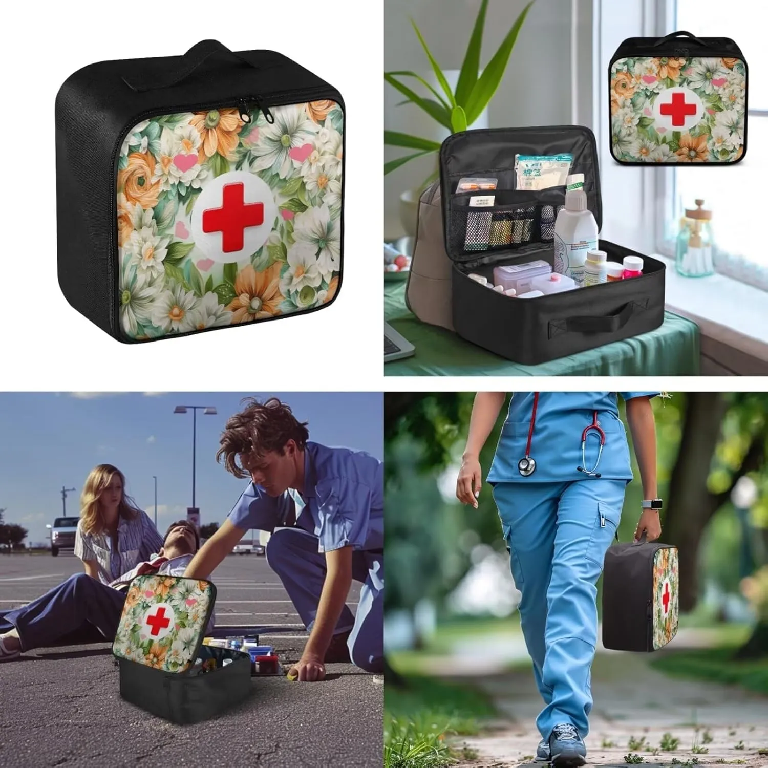 Floral Green Leaf Print First Aid Kit Bag Empty Medical Kit Medicine Organizer Trauma First Aid Bag Medkit Travel,Sports Hiking,Camping,Hunting Essentials Gear Emergency Survival (Bag Only)