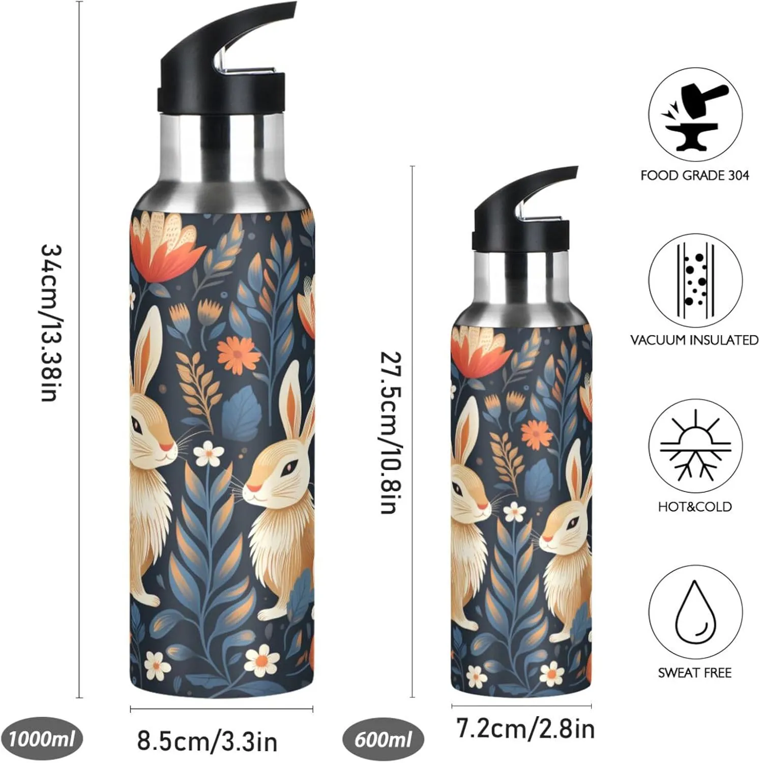 Floral Pattern Cute Rabbit Sport Water Bottle Insulated Stainless Steel Large Vacuum Flask Leak Proof Thermos with Straw for Travel(600ml/1000ml)