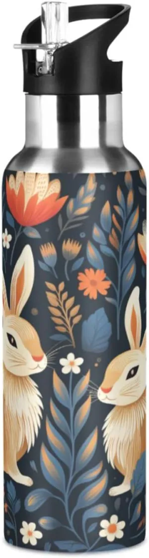 Floral Pattern Cute Rabbit Sport Water Bottle Insulated Stainless Steel Large Vacuum Flask Leak Proof Thermos with Straw for Travel(600ml/1000ml)