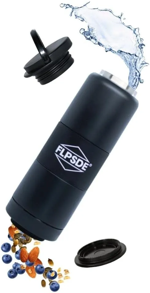 FLPSDE Dual Chamber Water Bottle with Integrated Storage Compartment for Snacks and More - Stainless Steel, Vacuum Insulated - 2 in 1 Container for Travel, School, Hiking, Sports, Work, Office, Gift