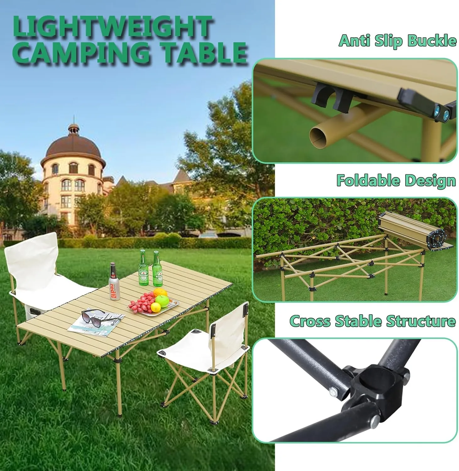 Folding Camping Table, Portable Picnic Table with Carry Bag, Lightweight Aluminum Roll-Up Design for Camping, Backpacking, Beach, BBQ, and Outdoor Parties Wood Color 95×55×50cm/37×21×19.7in