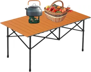 Folding Camping Table, Portable Picnic Table with Carry Bag, Lightweight Aluminum Roll-Up Design for Camping, Backpacking, Beach, BBQ, and Outdoor Parties Wood Color 95×55×50cm/37×21×19.7in