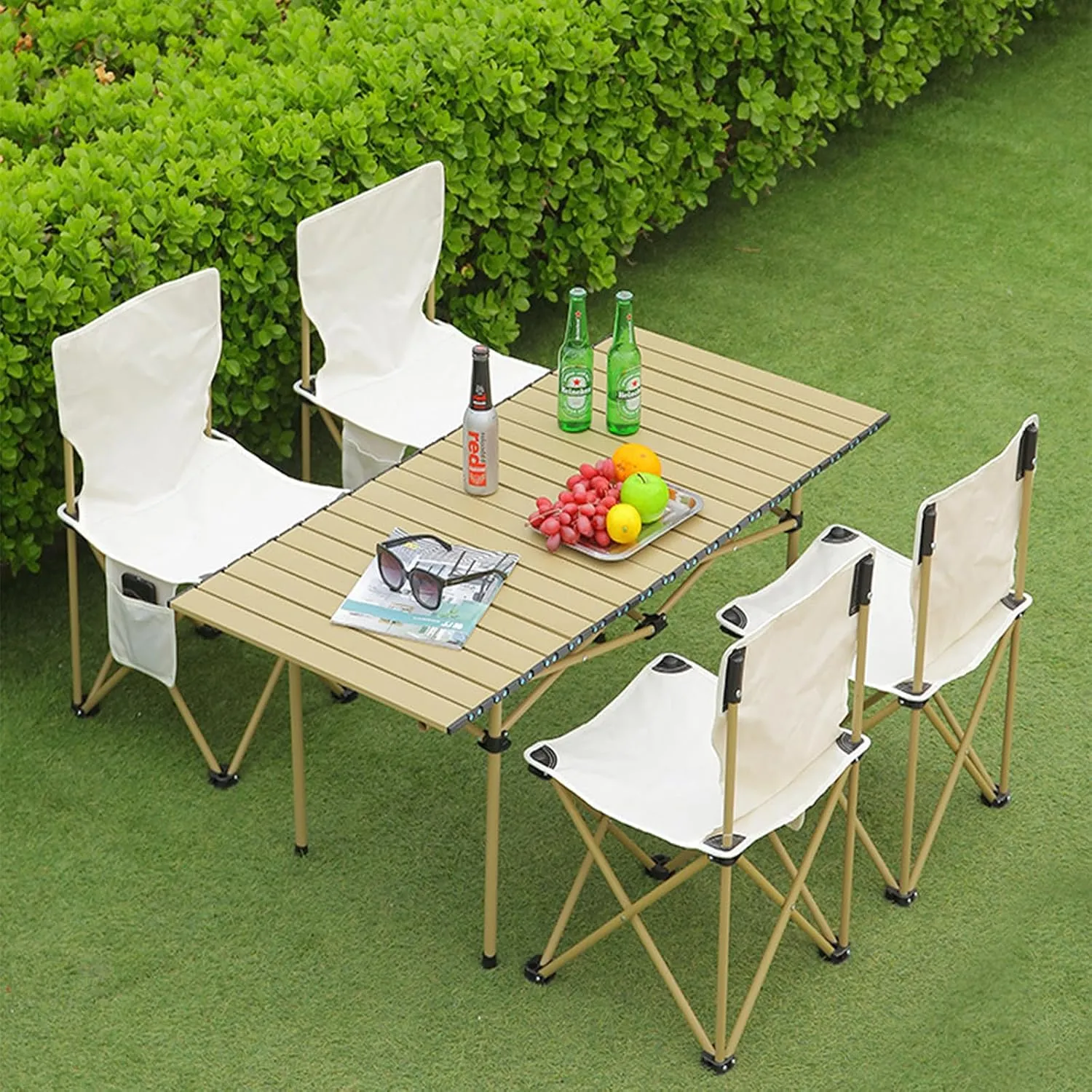 Folding Camping Table, Portable Picnic Table with Carry Bag, Lightweight Aluminum Roll-Up Design for Camping, Backpacking, Beach, BBQ, and Outdoor Parties Wood Color 95×55×50cm/37×21×19.7in
