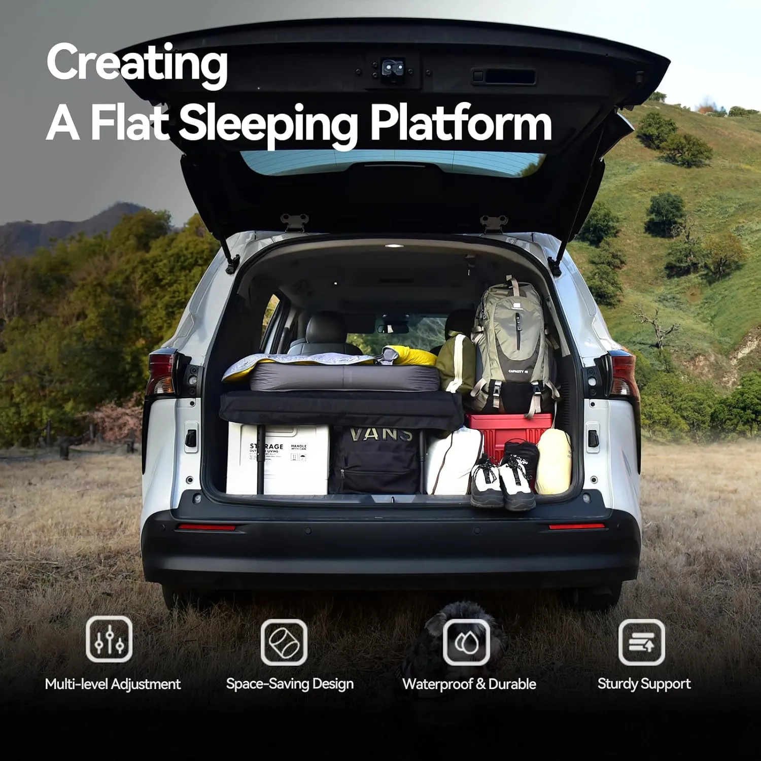 Folding Car Bed with Adjustable Leg and Flexible Length, Camping Bed for Universal SUV Truck MVP Traveling,Non Inflatable Air Mattress 600D Oxford 400lbs Max Black (High Legs)
