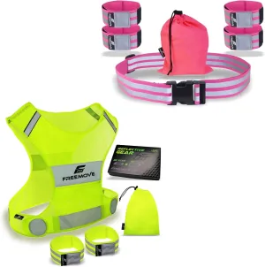 FREEMOVE Reflective Vest; size Medium with 2x Bands & Carry Bag   Reflective Belt with 4X Bands & Carry Bag PINK