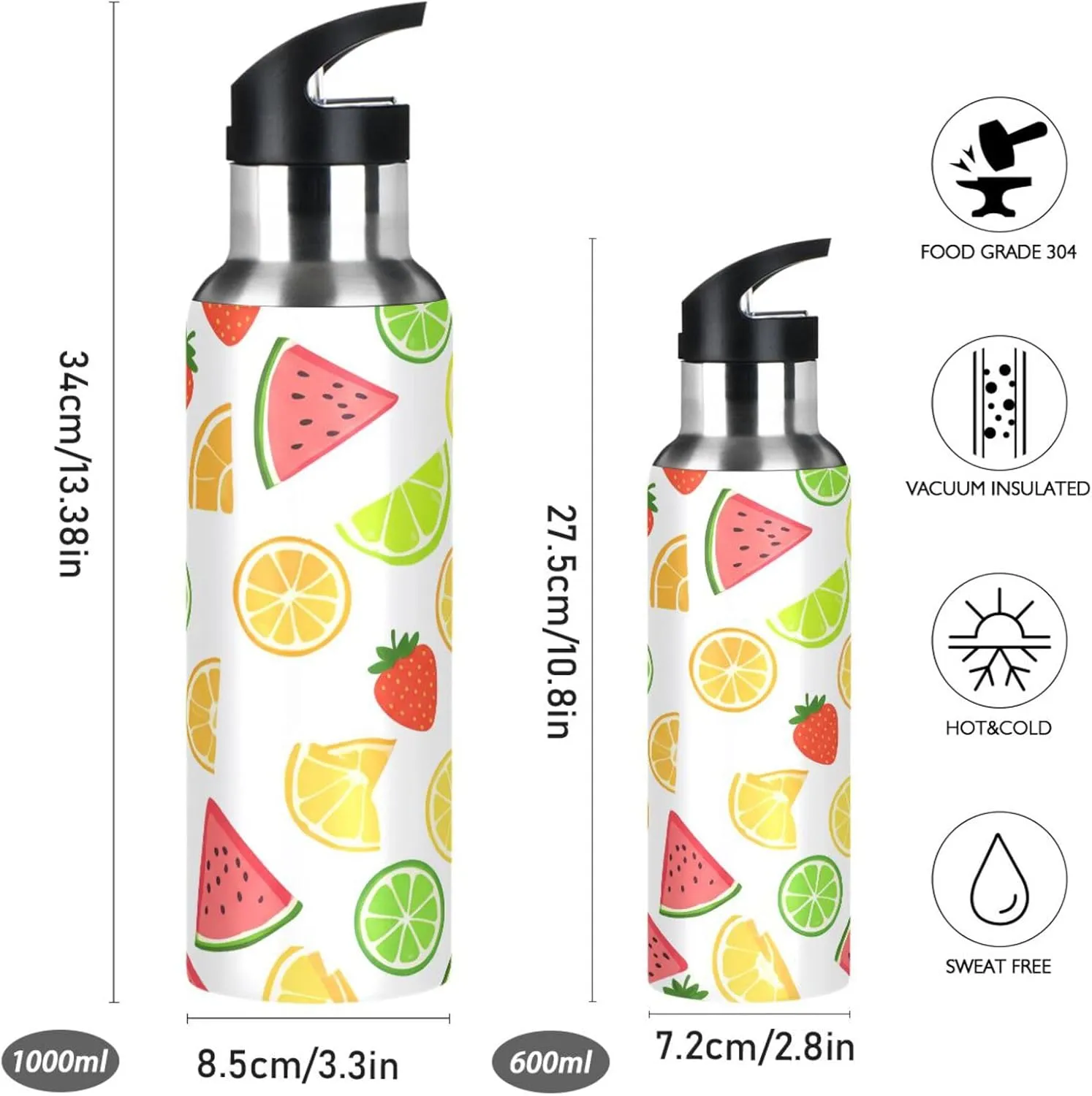 Fruit Patterns Sports Water Bottle with Straw, 22oz BPA Free Stainless Steel Vacuum Insulated Bottle for Gym Fitness Outdoor