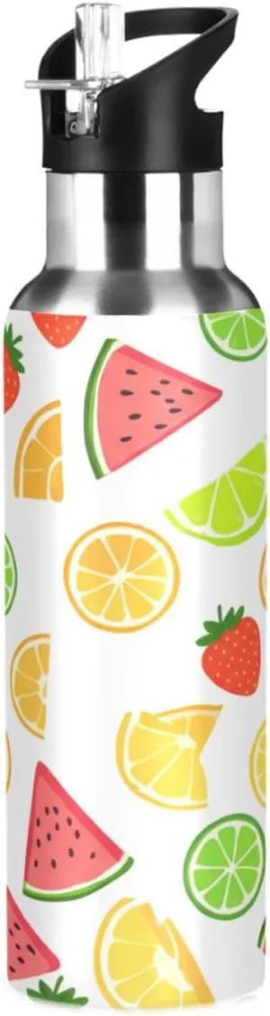 Fruit Patterns Sports Water Bottle with Straw, 22oz BPA Free Stainless Steel Vacuum Insulated Bottle for Gym Fitness Outdoor
