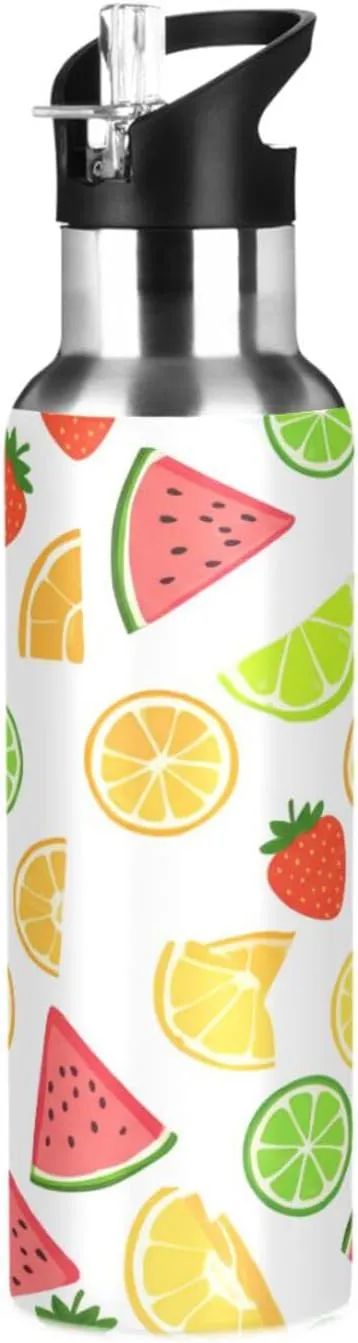 Fruit Patterns Sports Water Bottle with Straw, 22oz BPA Free Stainless Steel Vacuum Insulated Bottle for Gym Fitness Outdoor