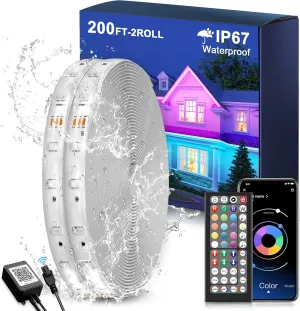Fussion Outdoor LED Strip Lights Waterproof 200FT (2 Rolls of 100FT) with Remote, RGB LED Light Strips Music Sync Color Changing Christmas House Rope Lighting for Outside