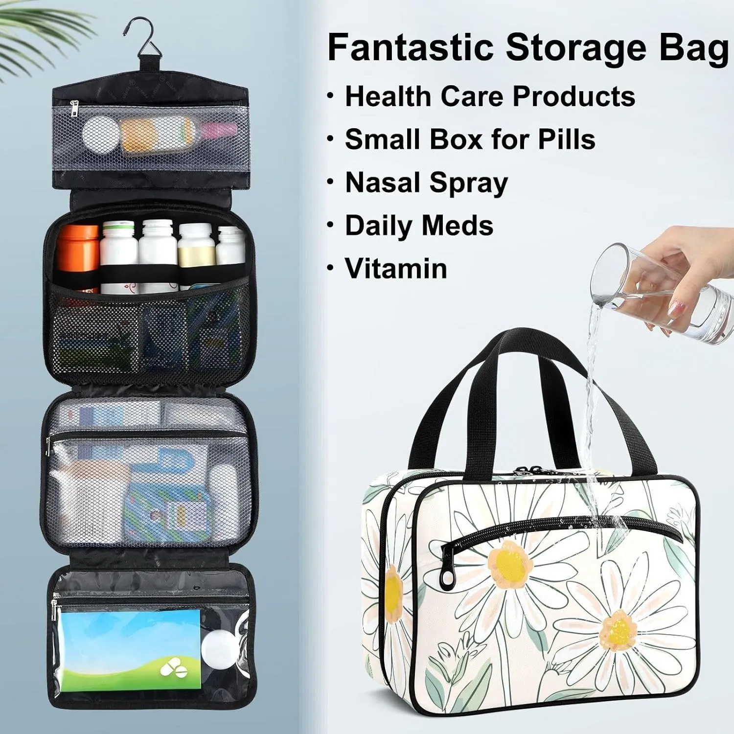 Fustylead Beautiful Hand Drawn Doodle Daisy Flower Large Medical Supplies Organizer Bag with Zipper Empty First Aid Bag Trauma Kit for Traveling Hiking Camping