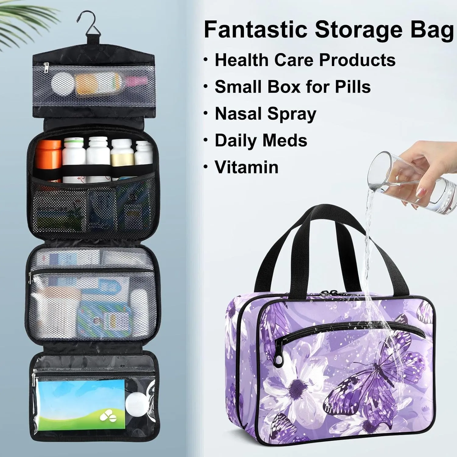 Fustylead Beautiful Purple Butterflies and Flower Large Medical Supplies Organizer Bag with Zipper Empty First Aid Bag Trauma Kit for Traveling Hiking Camping