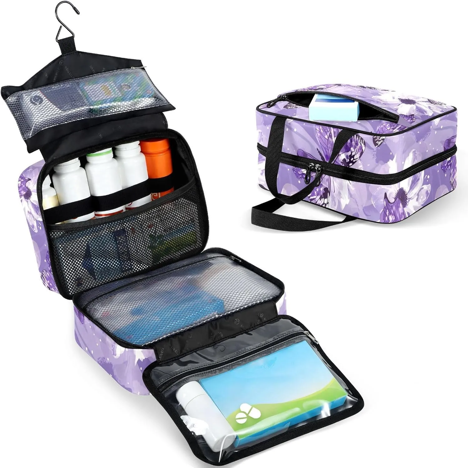 Fustylead Beautiful Purple Butterflies and Flower Large Medical Supplies Organizer Bag with Zipper Empty First Aid Bag Trauma Kit for Traveling Hiking Camping