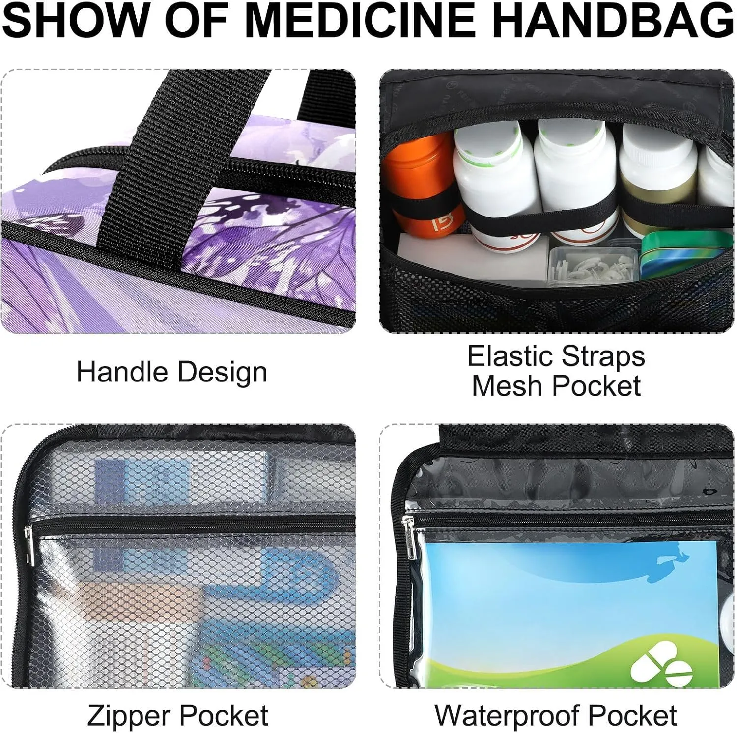 Fustylead Beautiful Purple Butterflies and Flower Large Medical Supplies Organizer Bag with Zipper Empty First Aid Bag Trauma Kit for Traveling Hiking Camping