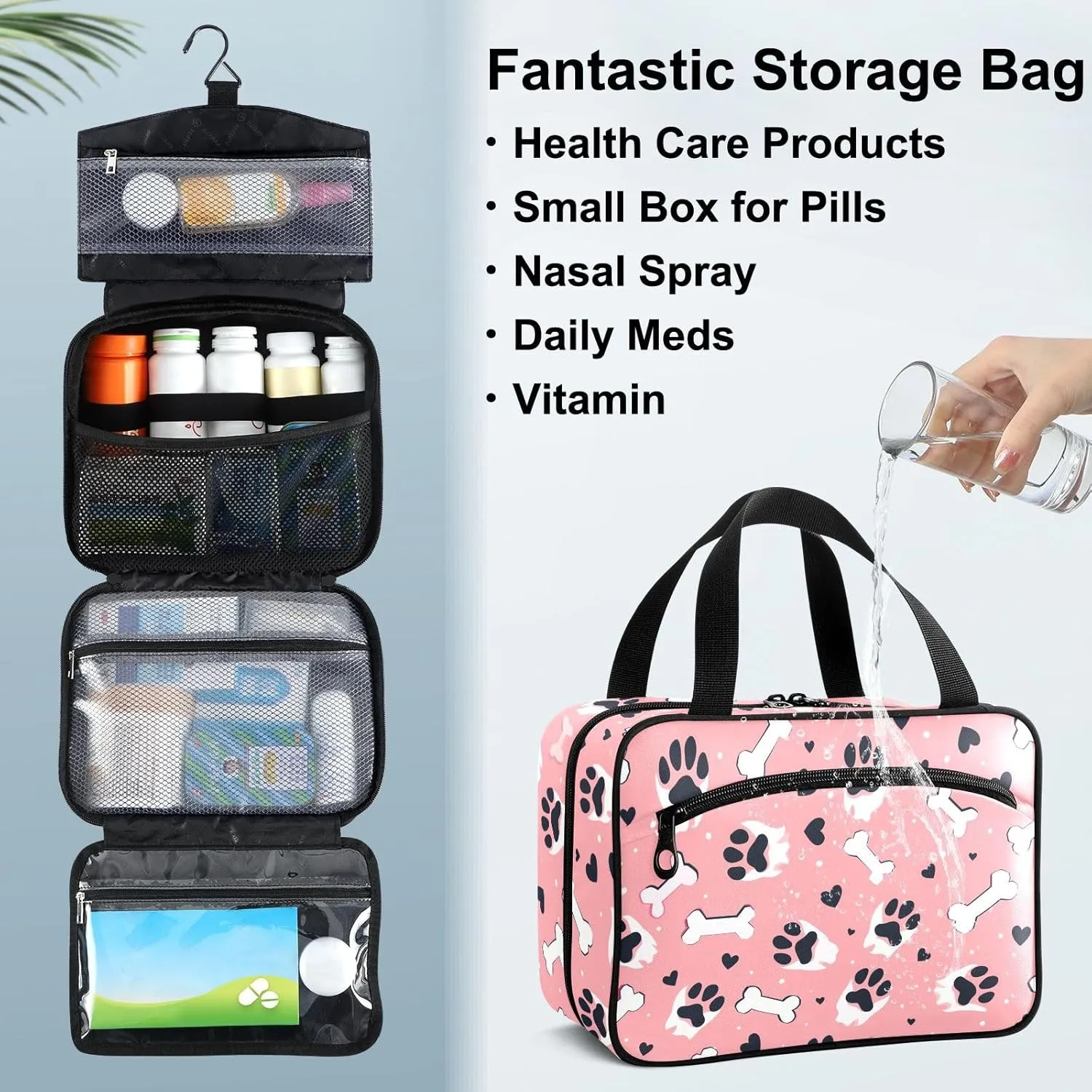 Fustylead Black Dog Paw Prints and Hearts Bones Large Medical Storage Bag with Zipper Empty First Aid Bag Trauma Kit for Traveling Hiking Camping Backpacking