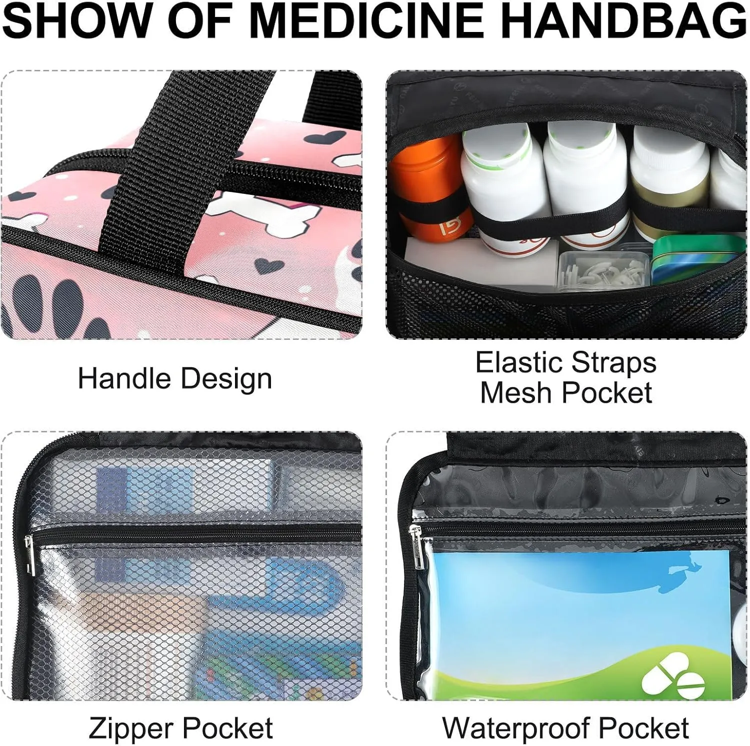 Fustylead Black Dog Paw Prints and Hearts Bones Large Medical Storage Bag with Zipper Empty First Aid Bag Trauma Kit for Traveling Hiking Camping Backpacking