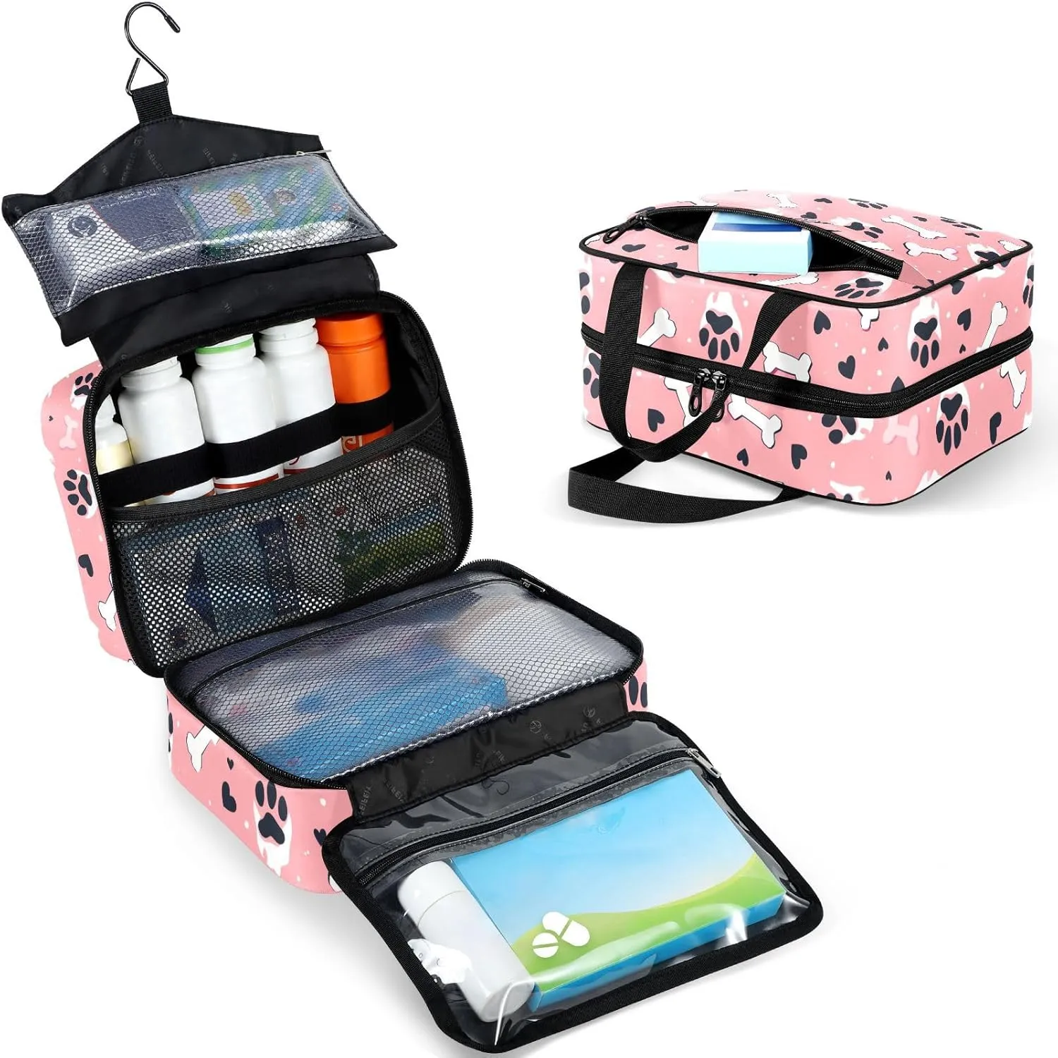 Fustylead Black Dog Paw Prints and Hearts Bones Large Medical Storage Bag with Zipper Empty First Aid Bag Trauma Kit for Traveling Hiking Camping Backpacking