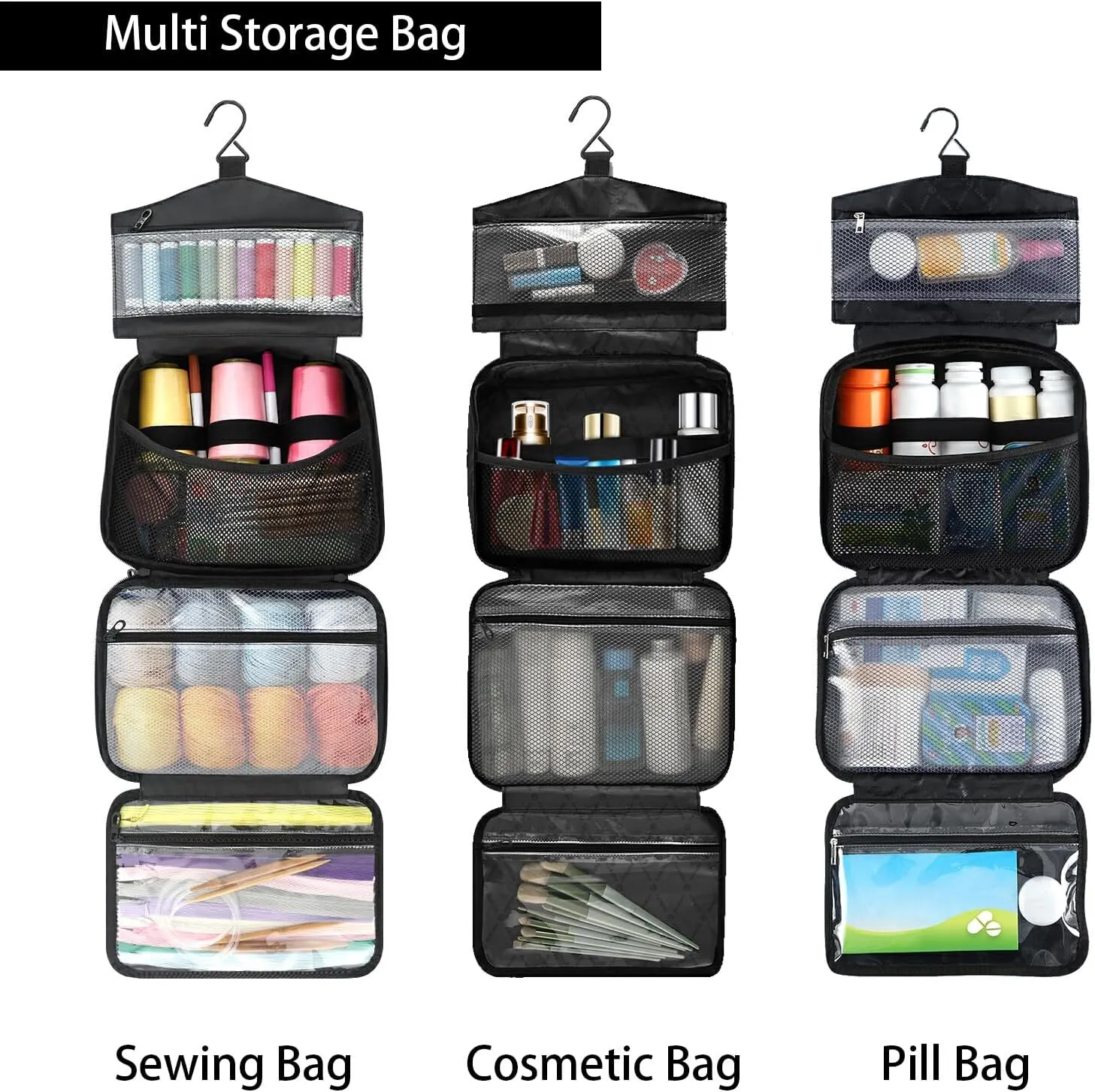 Fustylead Colorful Parrot Flying on Black Background Large Medicine Bag Travel Pill Bottle Organizer with Zipper, Empty First Aid Bag for Camping Hiking Outdoors