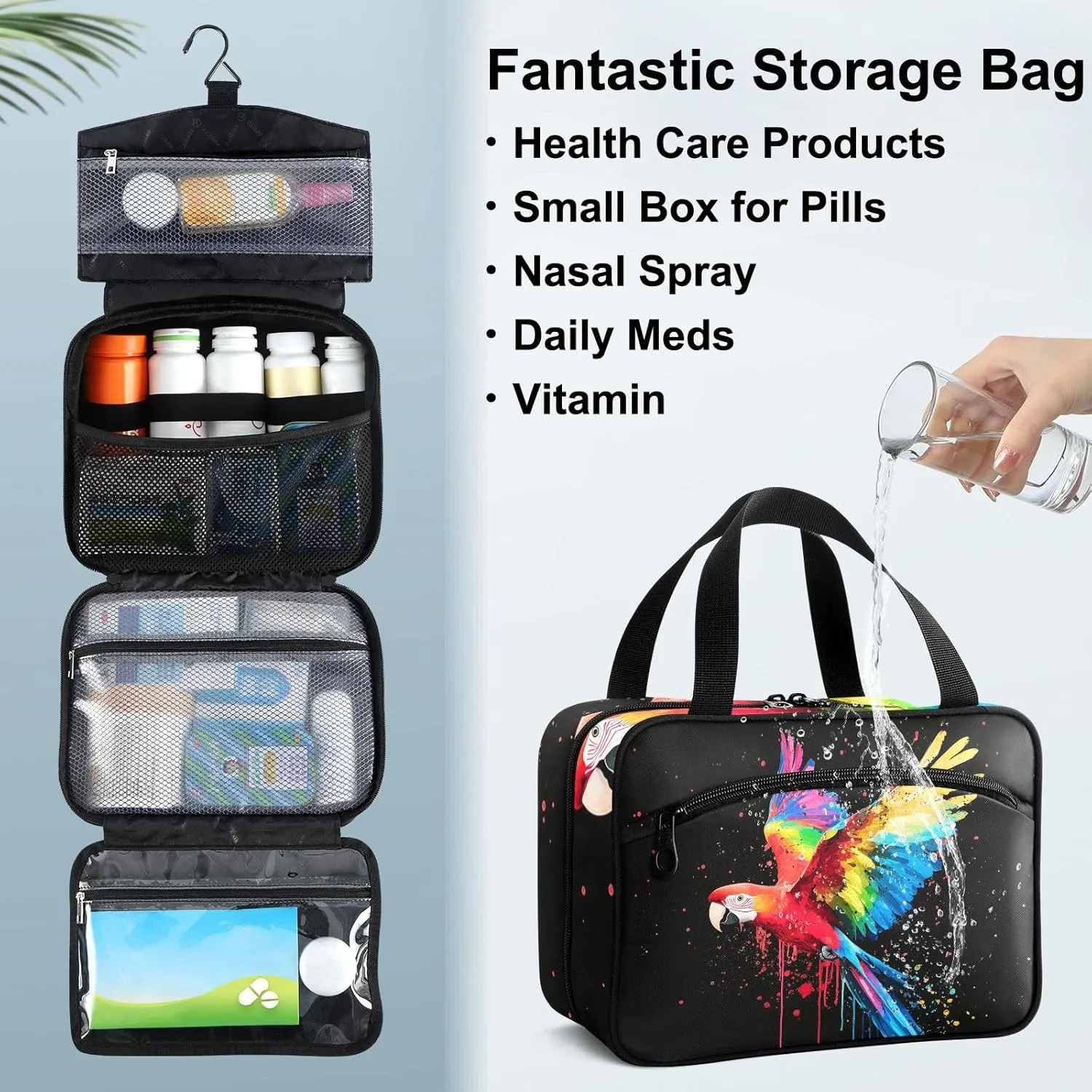 Fustylead Colorful Parrot Flying on Black Background Large Medicine Bag Travel Pill Bottle Organizer with Zipper, Empty First Aid Bag for Camping Hiking Outdoors