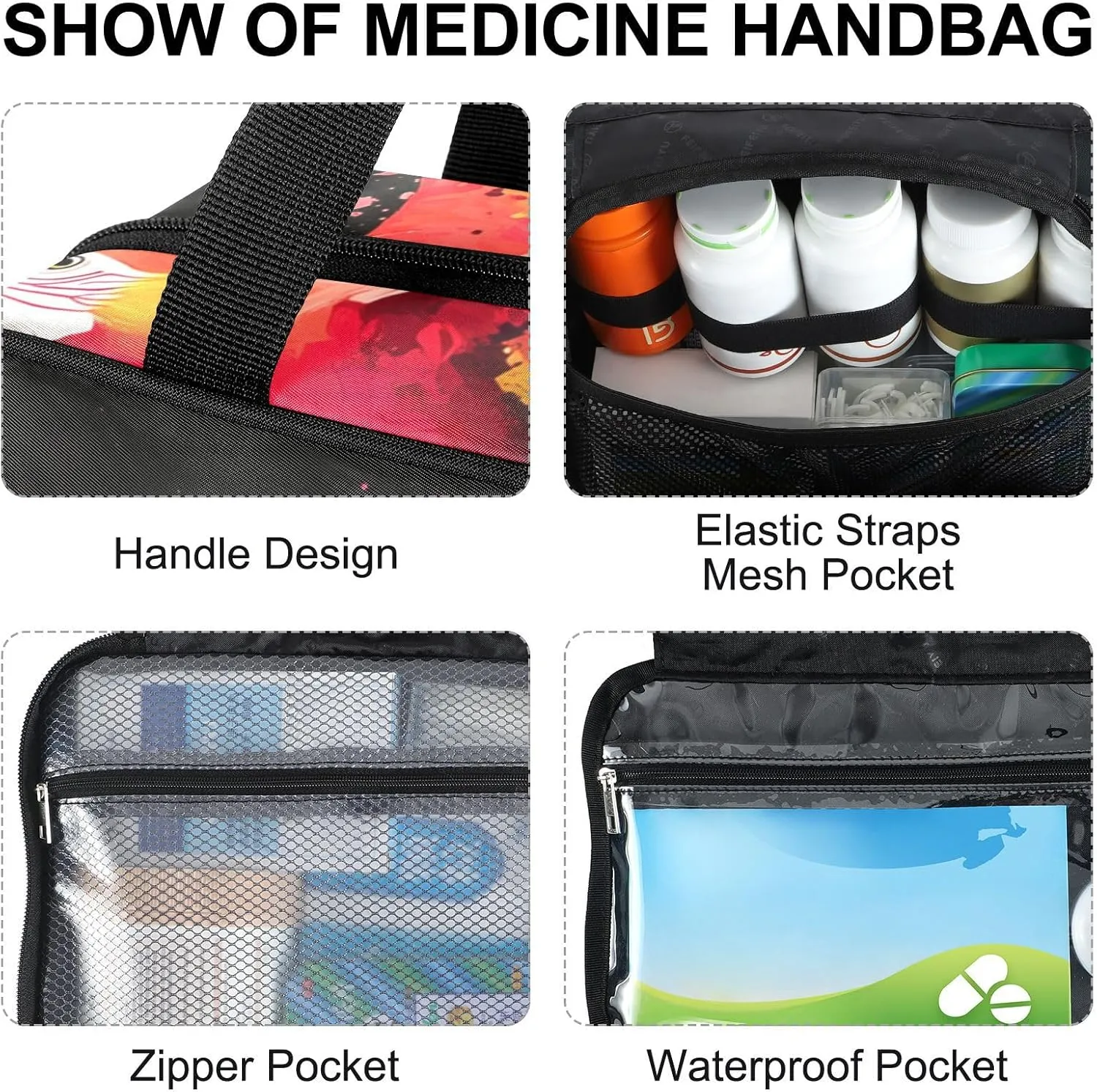 Fustylead Colorful Parrot Flying on Black Background Large Medicine Bag Travel Pill Bottle Organizer with Zipper, Empty First Aid Bag for Camping Hiking Outdoors