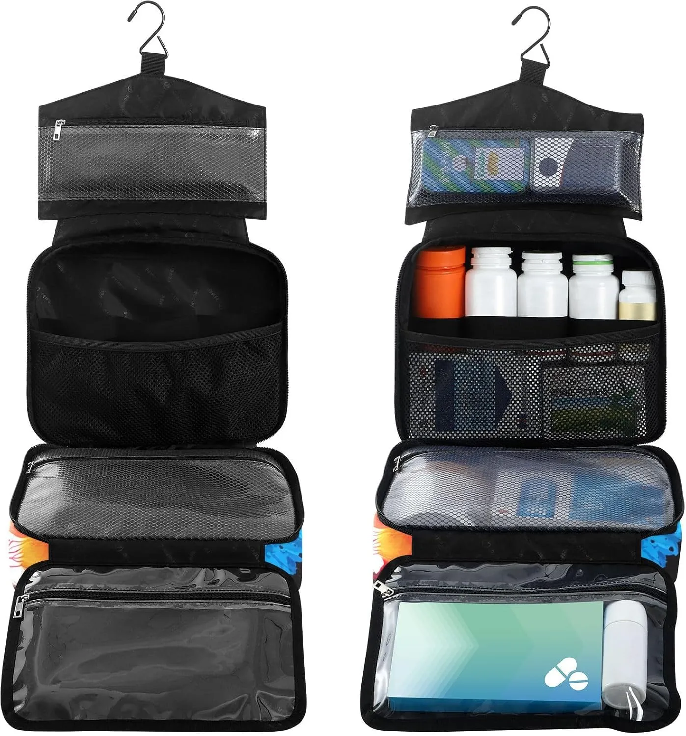 Fustylead Colorful Parrot Flying on Black Background Large Medicine Bag Travel Pill Bottle Organizer with Zipper, Empty First Aid Bag for Camping Hiking Outdoors