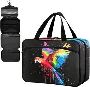 Fustylead Colorful Parrot Flying on Black Background Large Medicine Bag Travel Pill Bottle Organizer with Zipper, Empty First Aid Bag for Camping Hiking Outdoors