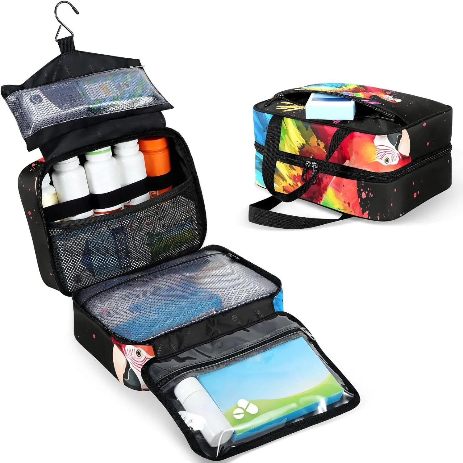 Fustylead Colorful Parrot Flying on Black Background Large Medicine Bag Travel Pill Bottle Organizer with Zipper, Empty First Aid Bag for Camping Hiking Outdoors