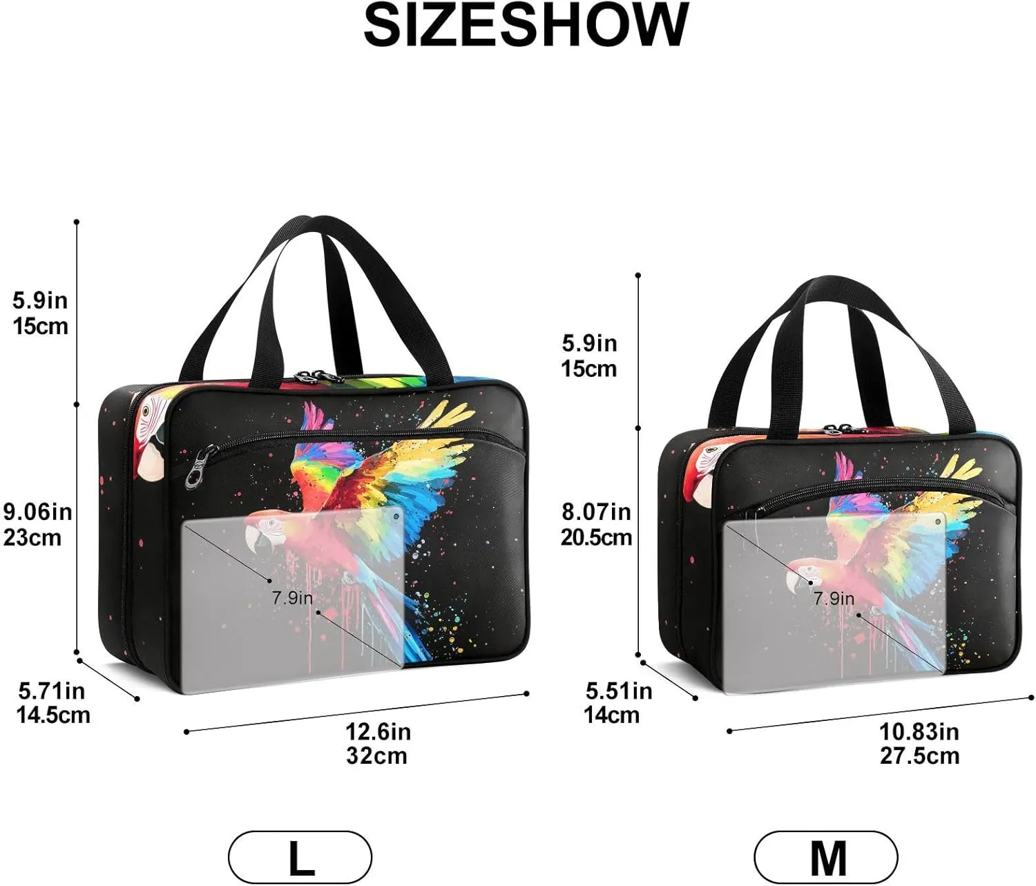 Fustylead Colorful Parrot Flying on Black Background Large Medicine Bag Travel Pill Bottle Organizer with Zipper, Empty First Aid Bag for Camping Hiking Outdoors