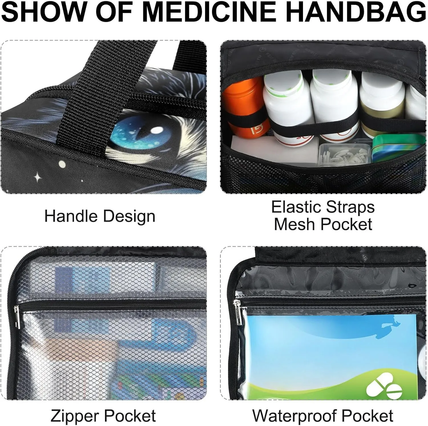Fustylead Cute Astronaut Cat in Black Space on Helmet Empty Travel First Aid Bag Large Home Medication Bag with Zipper for Pills,Vitamin,Fish Oil,Supplements for Women and Men