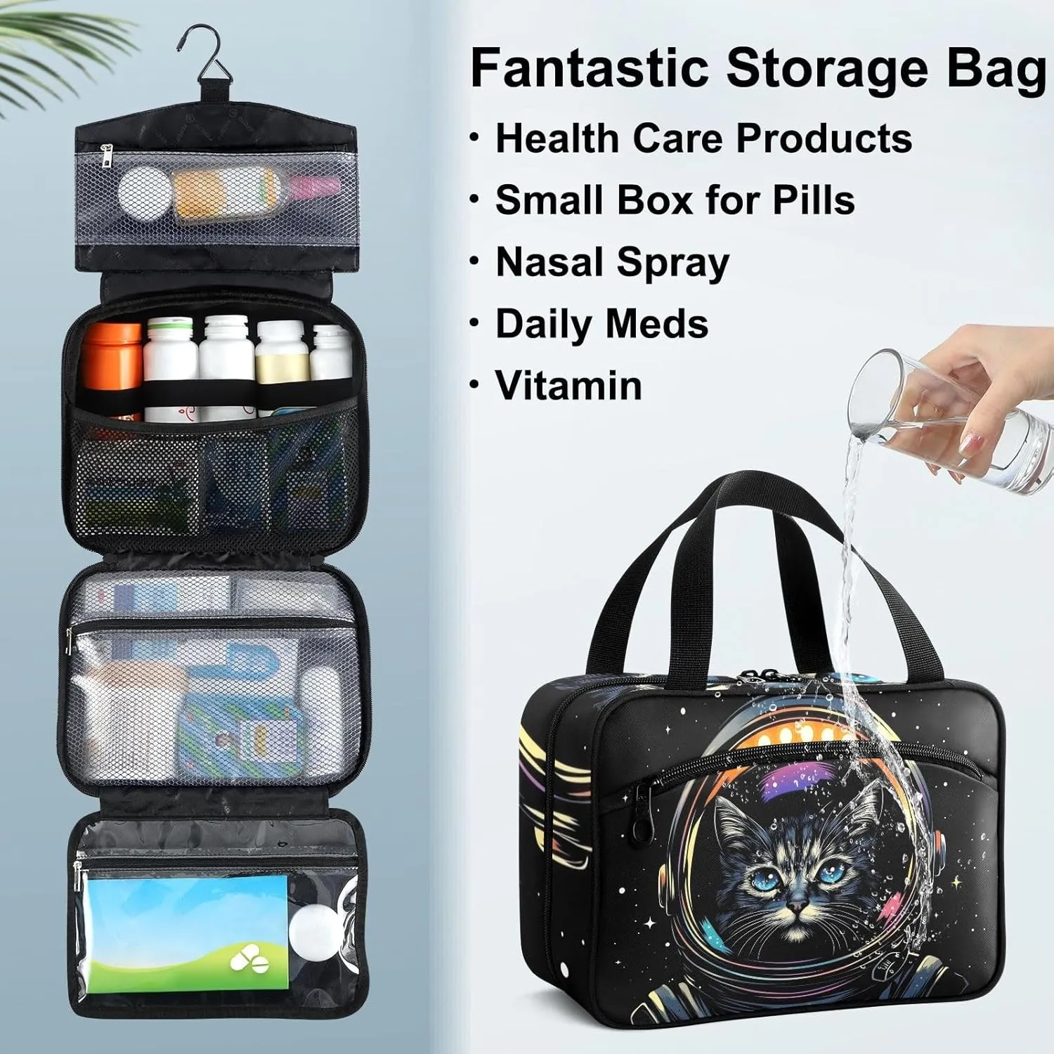 Fustylead Cute Astronaut Cat in Black Space on Helmet Empty Travel First Aid Bag Large Home Medication Bag with Zipper for Pills,Vitamin,Fish Oil,Supplements for Women and Men