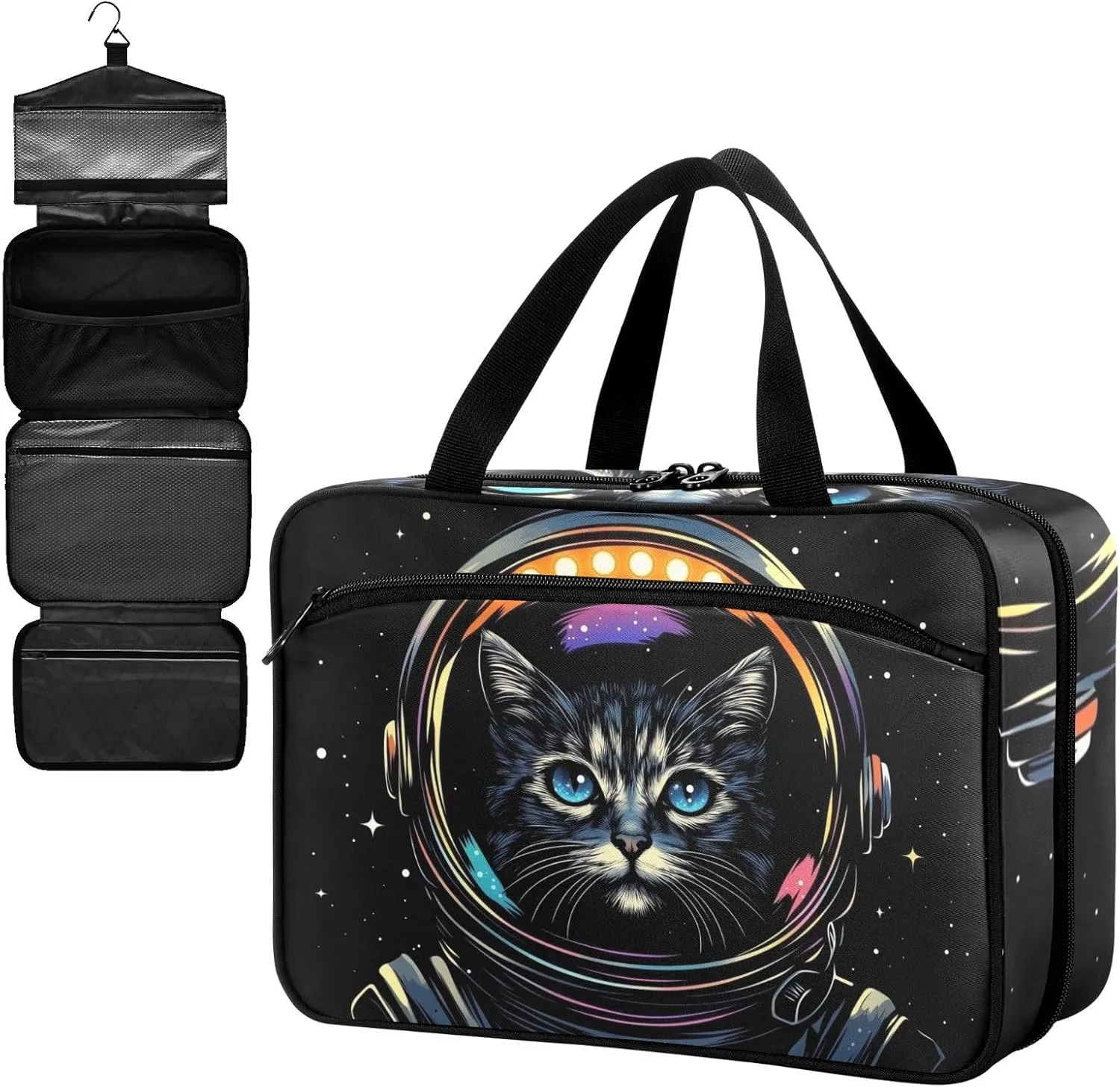 Fustylead Cute Astronaut Cat in Black Space on Helmet Empty Travel First Aid Bag Large Home Medication Bag with Zipper for Pills,Vitamin,Fish Oil,Supplements for Women and Men