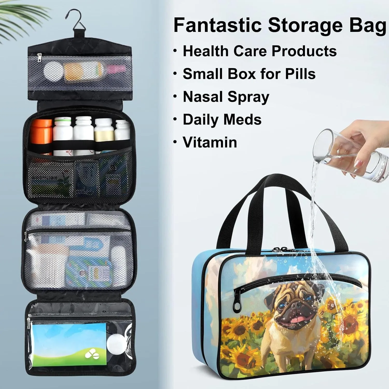 Fustylead Cute Sunflower Field Pug Dog Large Medical Storage Bag with Zipper Empty First Aid Bag Trauma Kit for Traveling Hiking Camping Backpacking