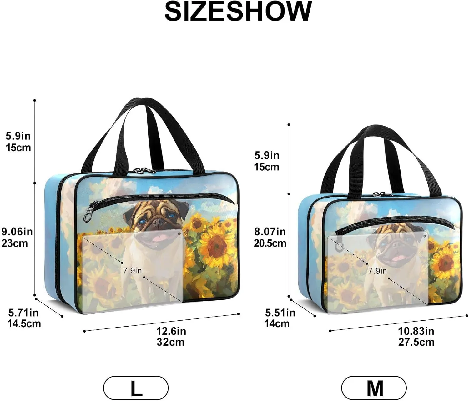Fustylead Cute Sunflower Field Pug Dog Large Medical Storage Bag with Zipper Empty First Aid Bag Trauma Kit for Traveling Hiking Camping Backpacking