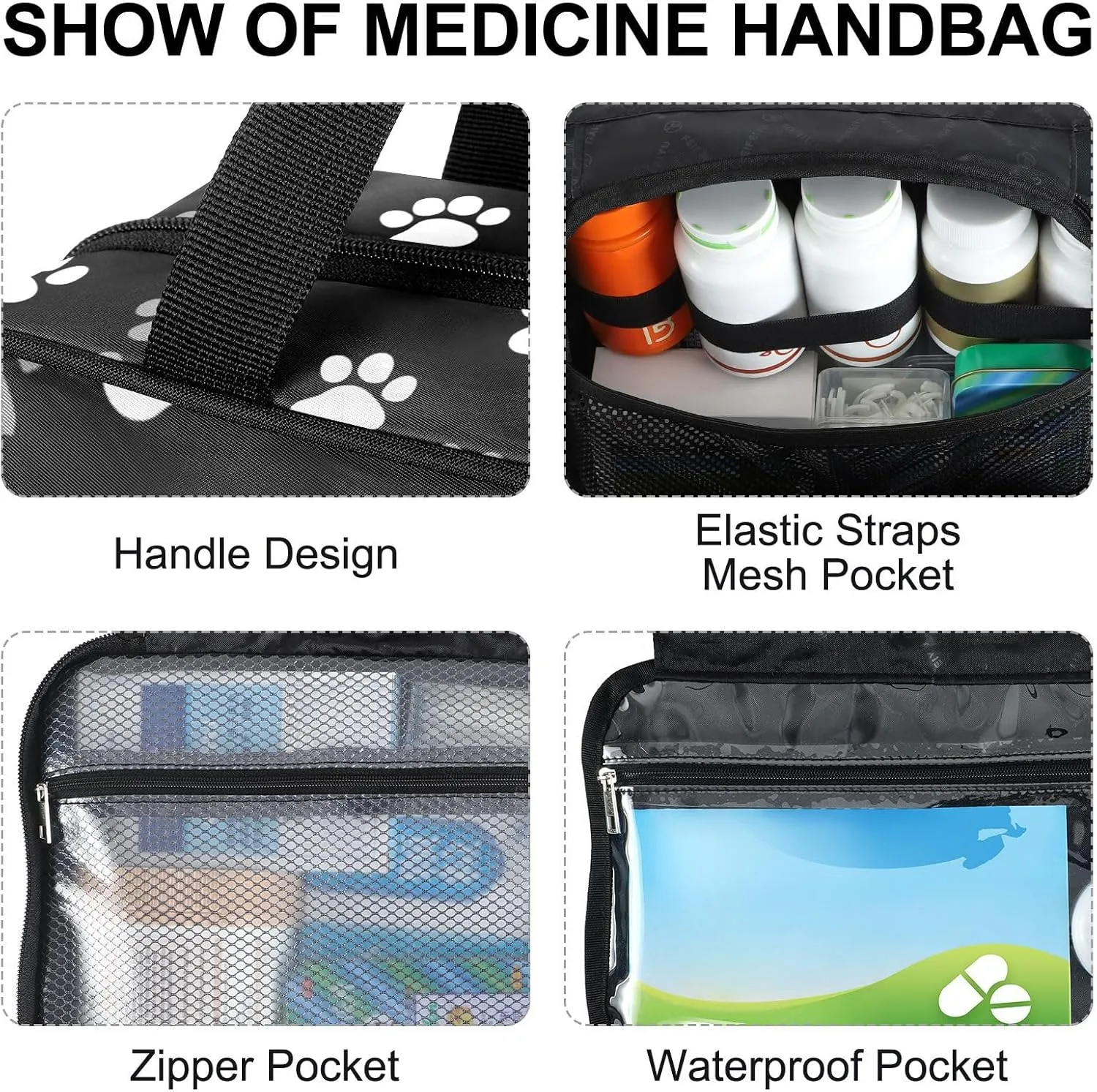 Fustylead Design Cute Paw Prints in White and Gray Large Medical Supplies Organizer Bag with Zipper Empty First Aid Bag Trauma Kit for Traveling Hiking Camping